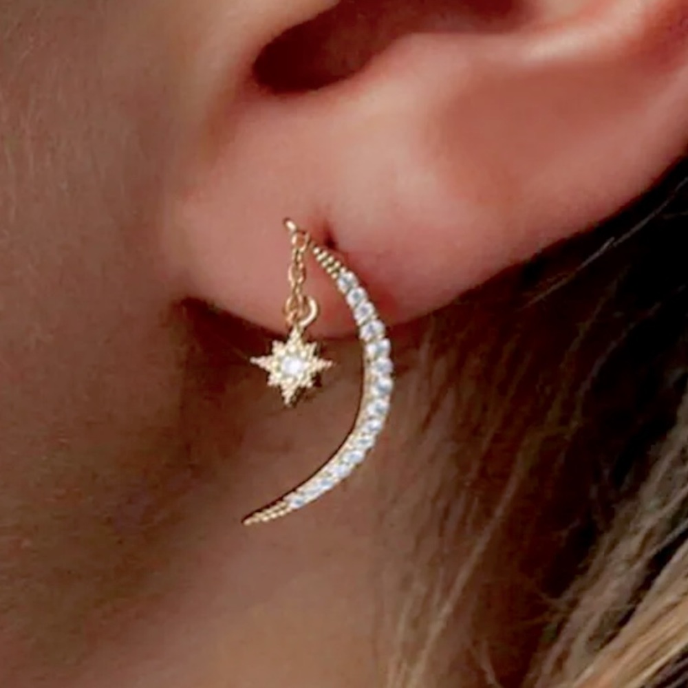 New 18k Yellow Gold Over Silver White Sapphires Half Moon and Star Earrings